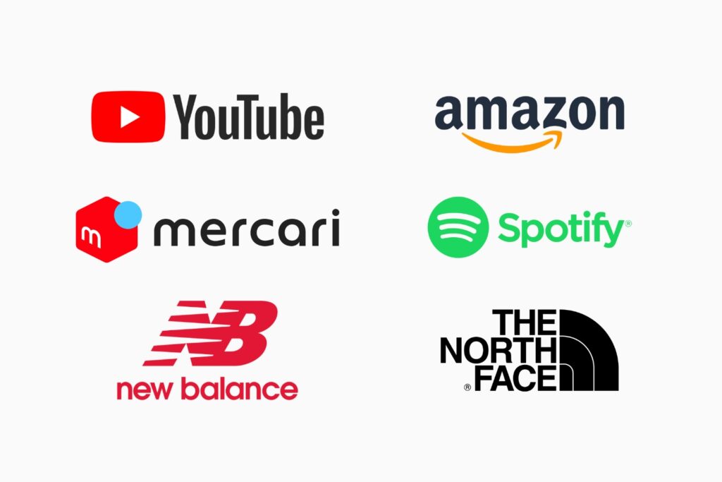 YouTube、Amazon、メルカリ、Spotify、ニューバランス、THE NORTH FACEのロゴ