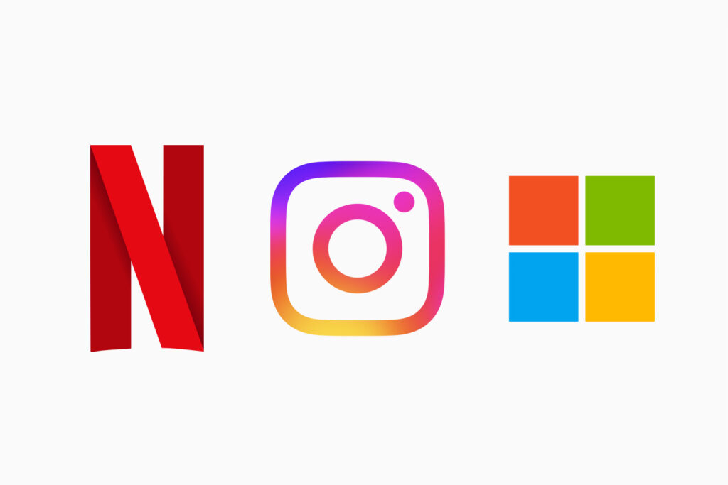 Netflix、Instagram、Microsoftのロゴ